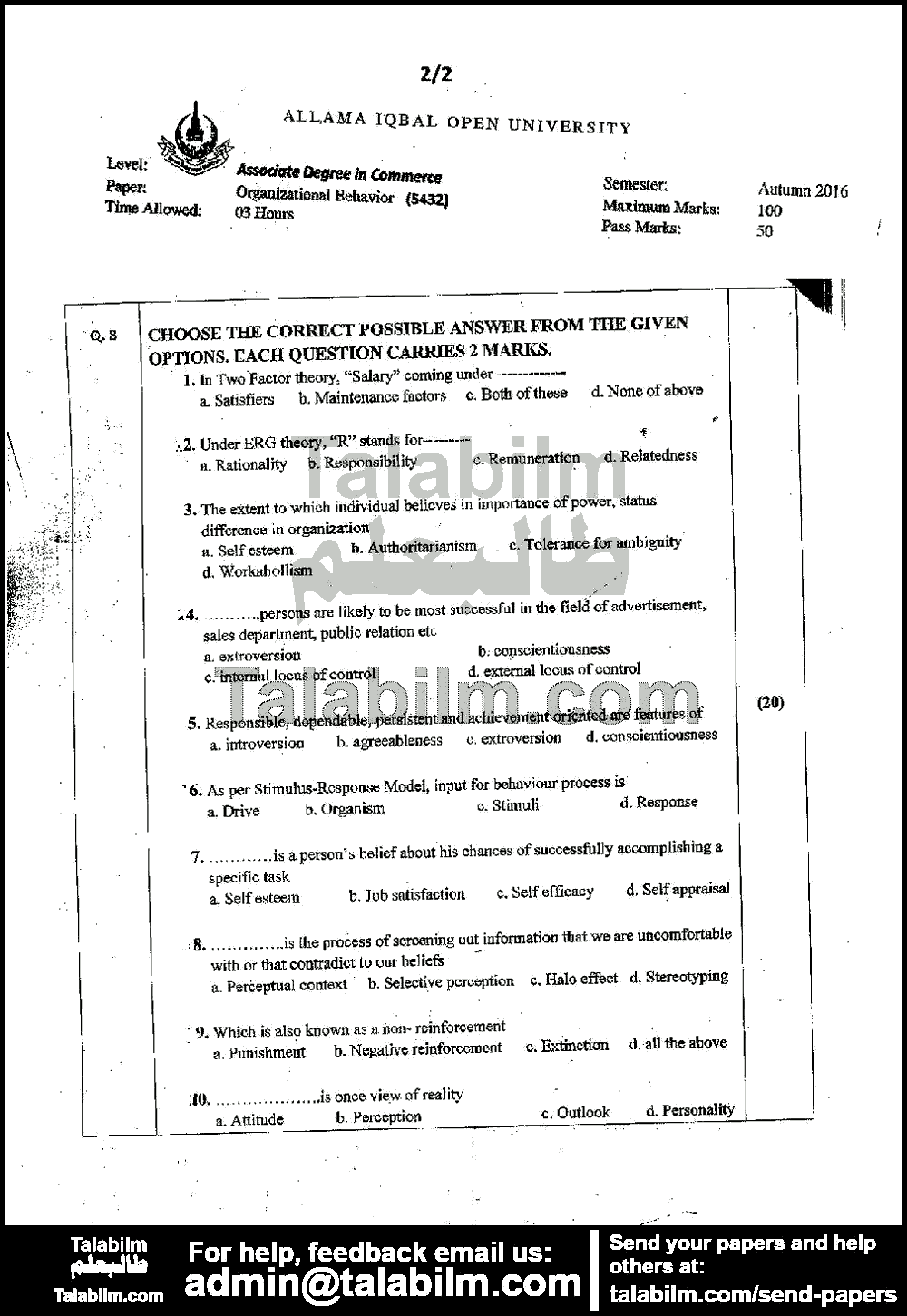 Organizational Behavior 5432 past paper for Autumn 2016 Page No. 2