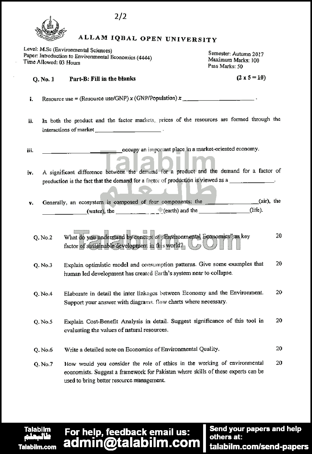 Introduction to Environmental Economics 4444 past paper for Autumn 2017 Page No. 2