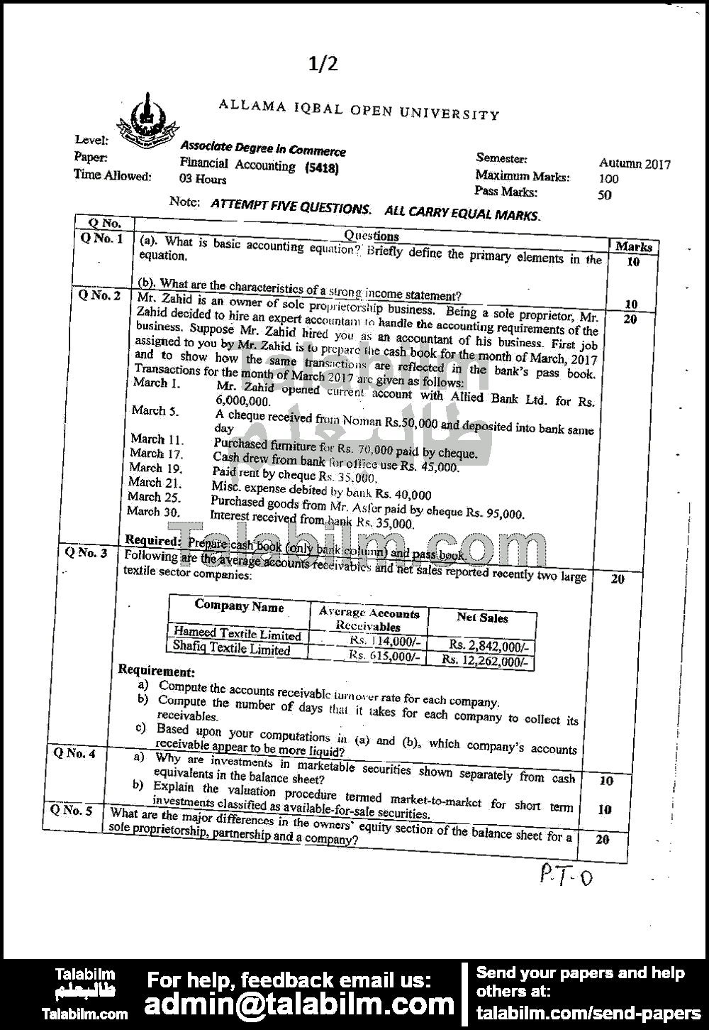 Financial Accounting 5418 past paper for Autumn 2017 Page No. 3