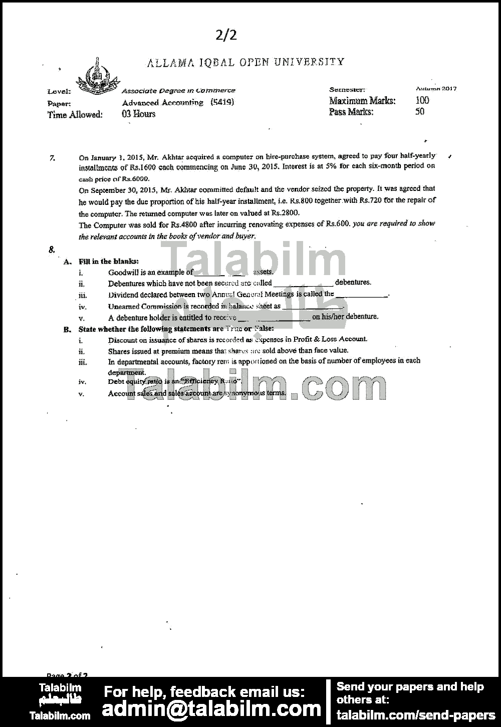 Advanced Accounting 5419 past paper for Autumn 2017 Page No. 2