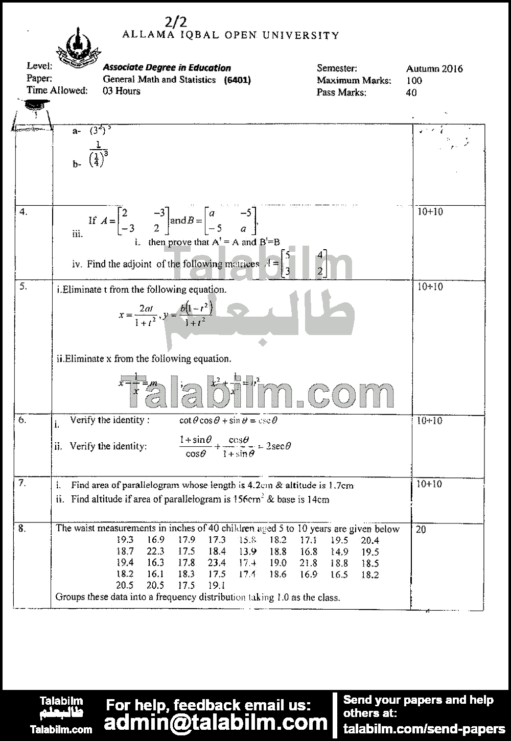 General Math and Statistics 6401 past paper for Autumn 2016 Page No. 2