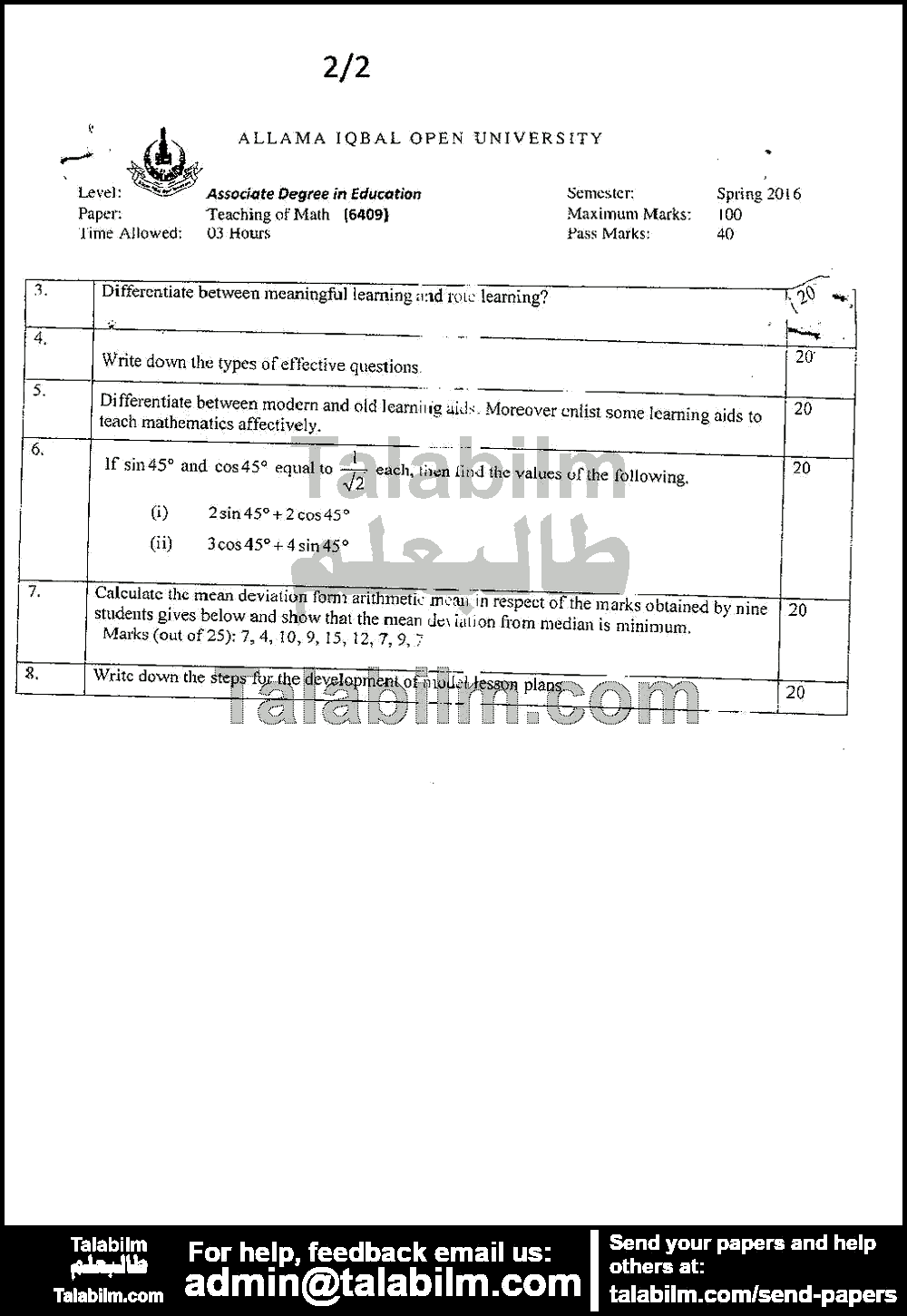 Teaching of Math 6409 past paper for Spring 2016 Page No. 2