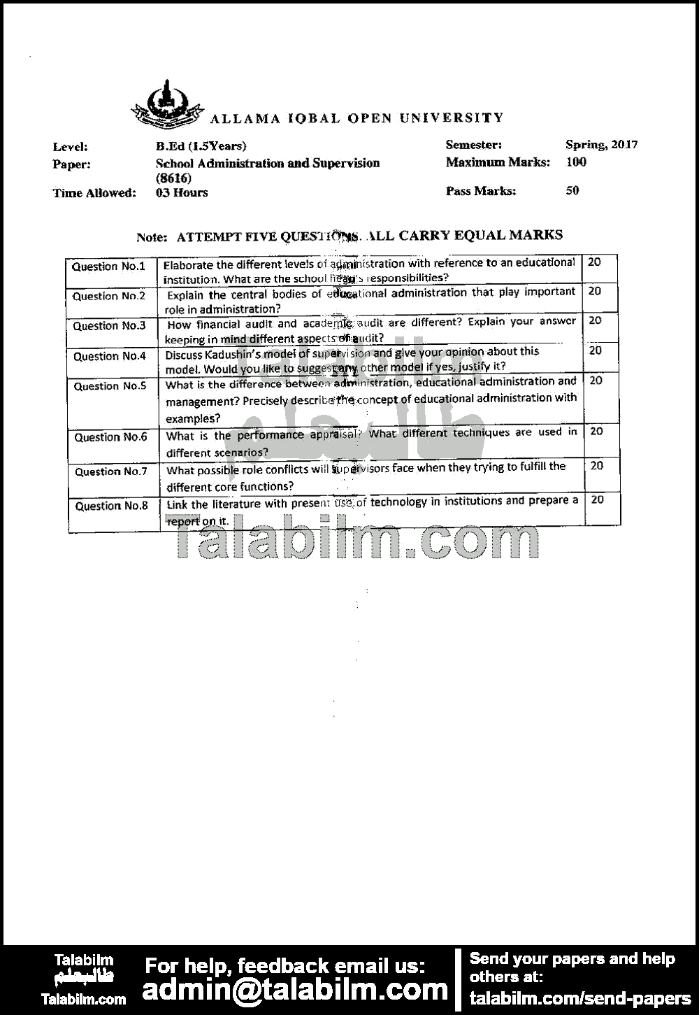 School Administration And Supervision Code No 8616 Spring 2017 Past 