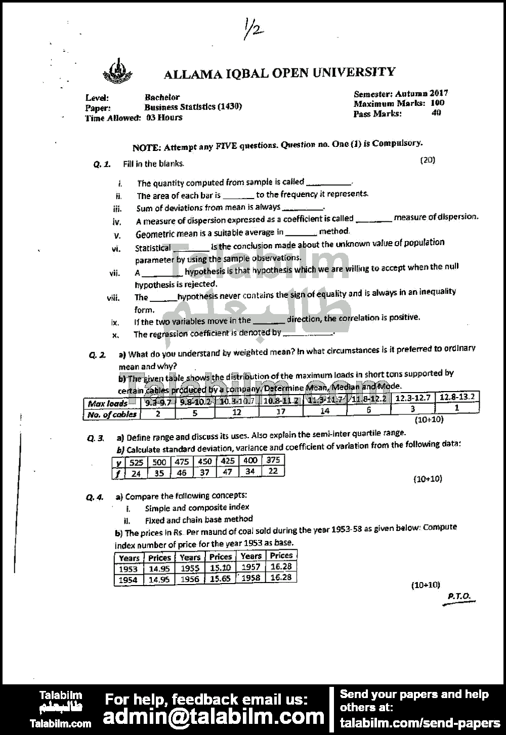 Business Statistics 1430 past paper for Autumn 2017 Page No. 2