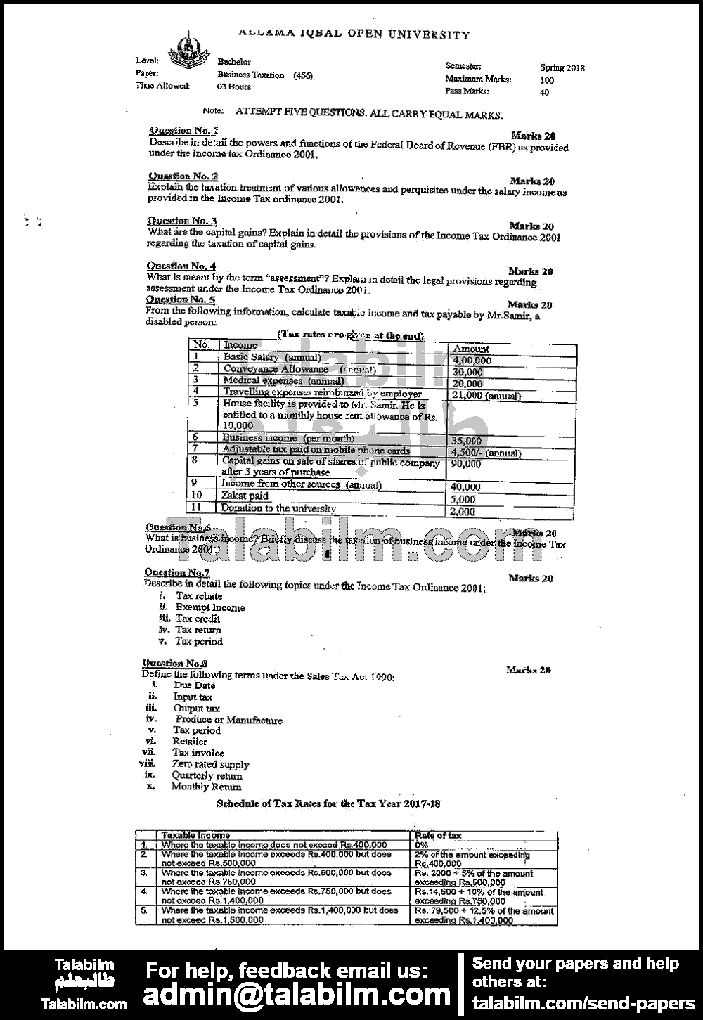 Business Taxation Code No 456 Spring 2018 Past Papers AIOU TalabIlm