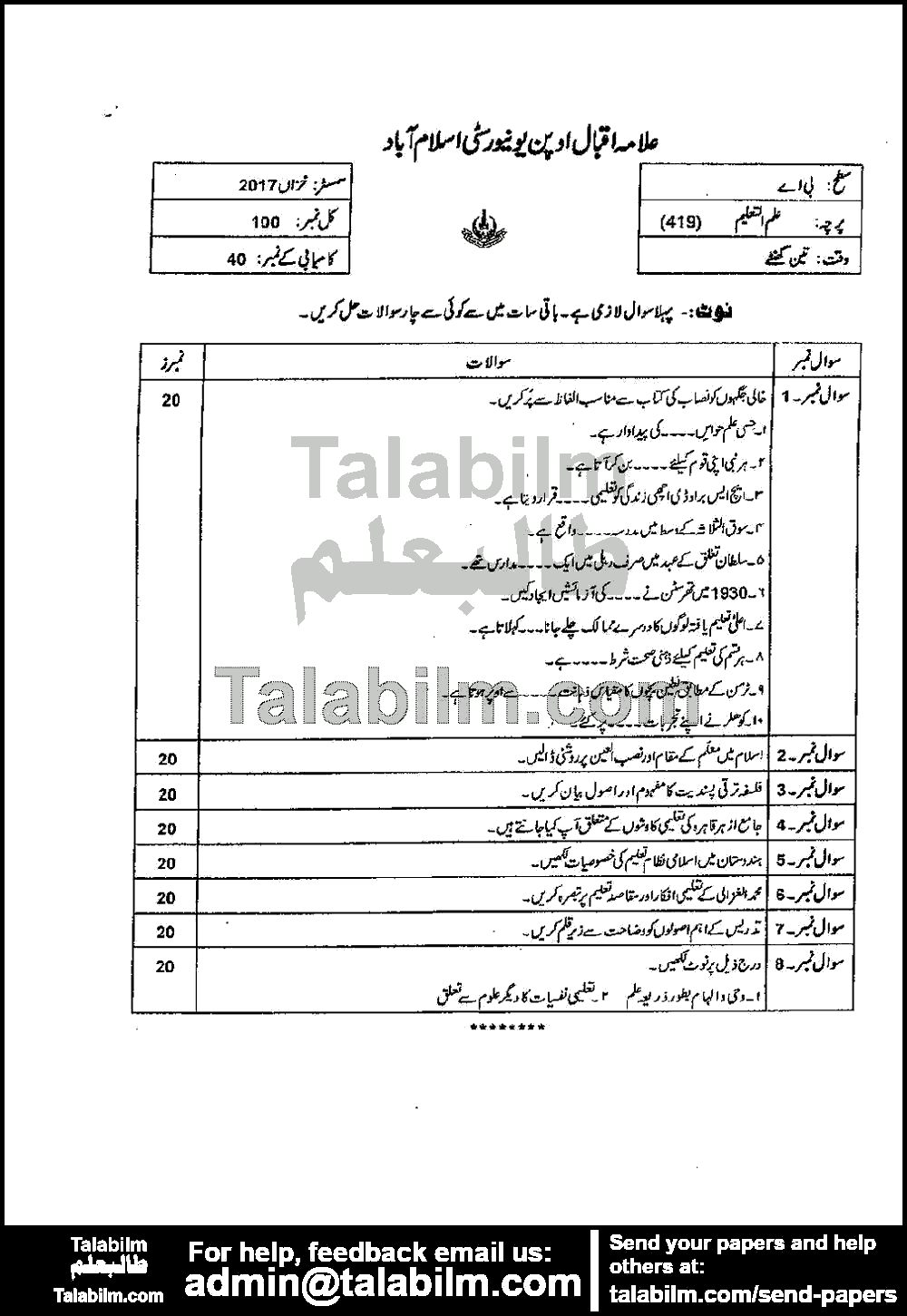 aiou assignment code 419