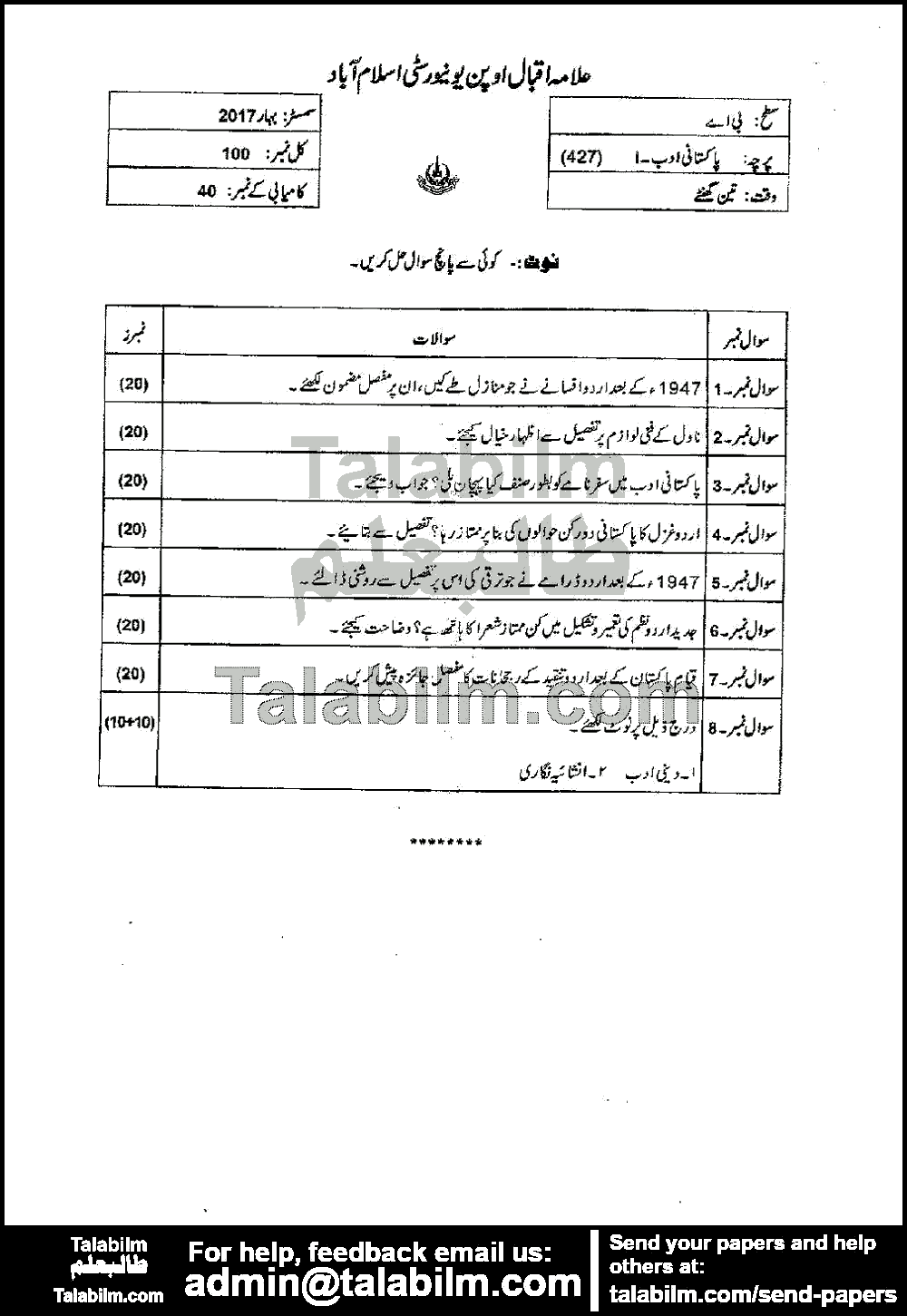 Pakistani Adab-I 427 past paper for Spring 2017