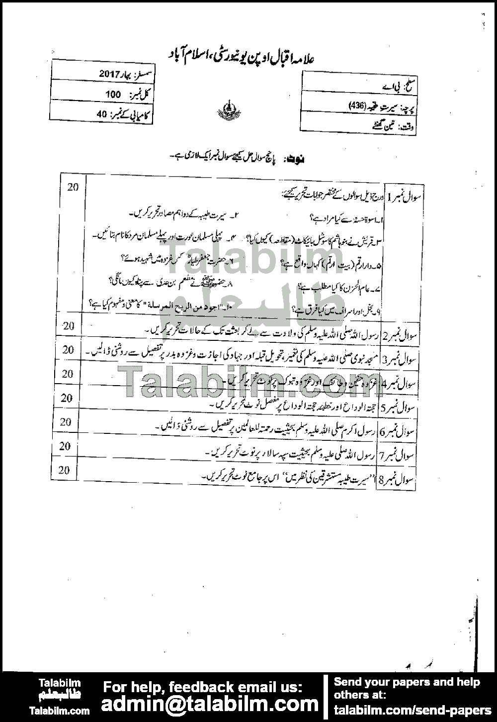 Seerat-e-Tayyaba 436 past paper for Spring 2017