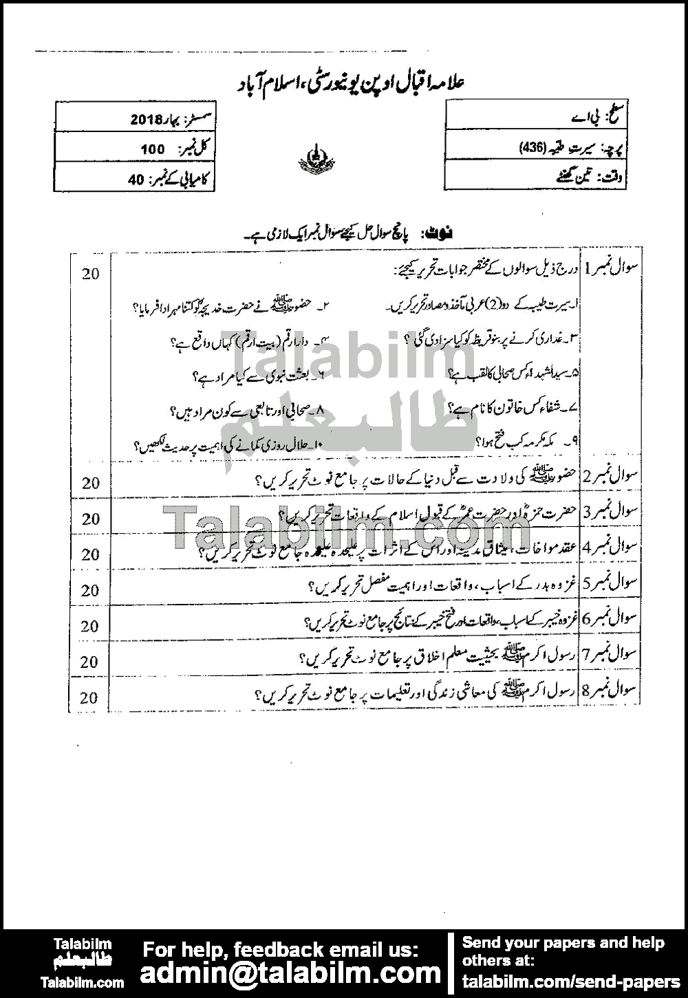 Seerat-e-Tayyaba 436 past paper for Spring 2018