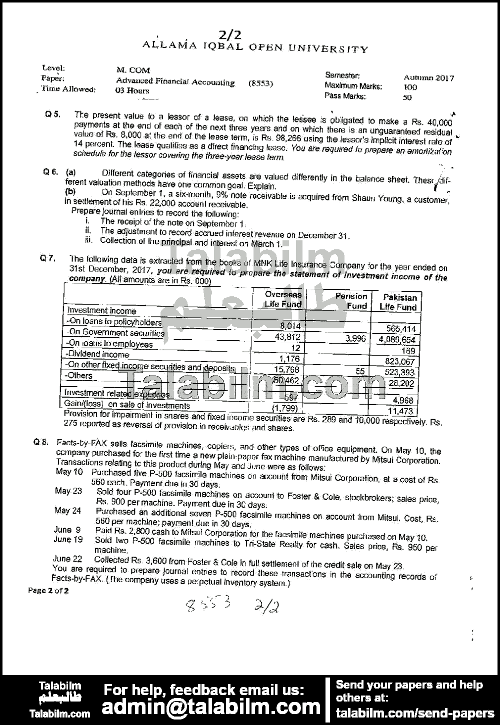 Advanced Financial Accounting Code No. 8553 Autumn 2017 Page No. 2 Past