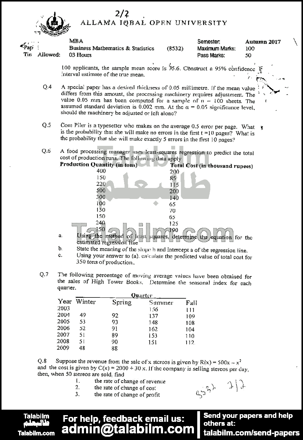 Business Mathematics and Statistics 8532 past paper for Autumn 2017 Page No. 2