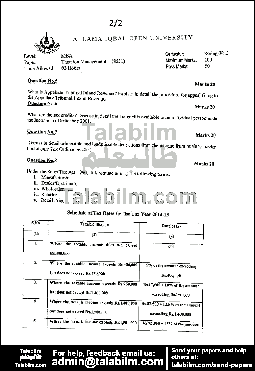 Taxation Management 8531 past paper for Spring 2015 Page No. 2