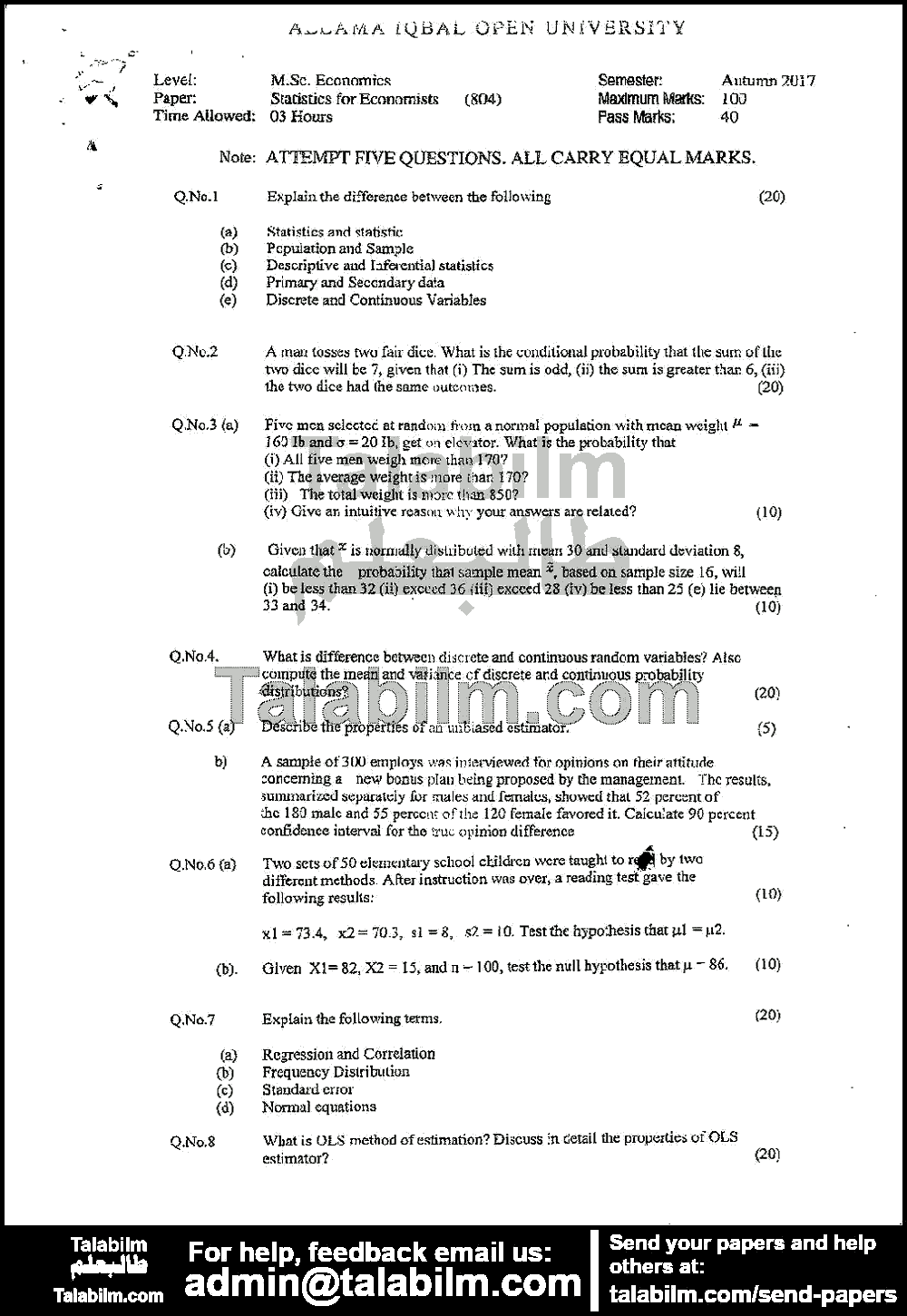 Statistics for Economists 804 past paper for Autumn 2017