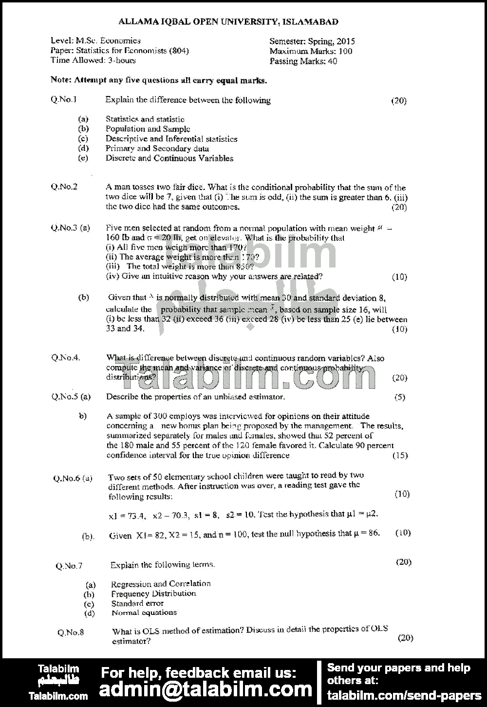 Statistics for Economists 804 past paper for Spring 2015