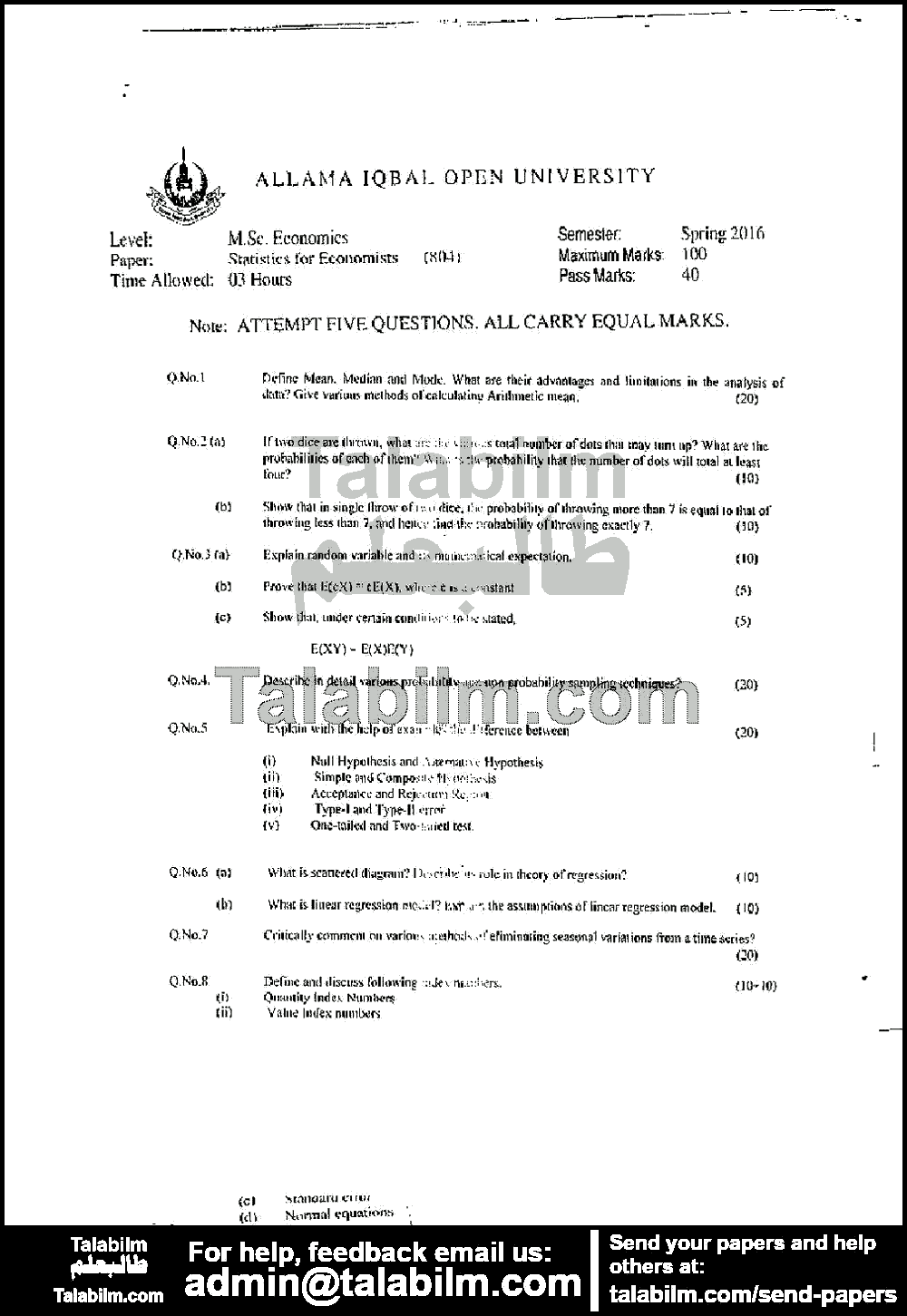 Statistics for Economists 804 past paper for Spring 2016