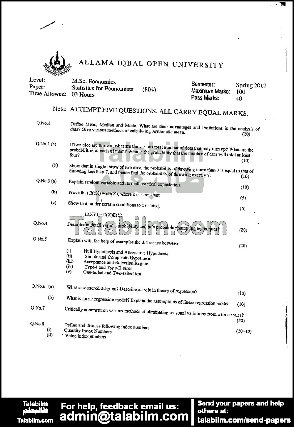 Statistics for Economists 804 past paper for Spring 2017