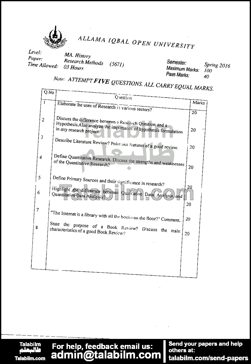 Research Methods 5671 past paper for Spring 2016