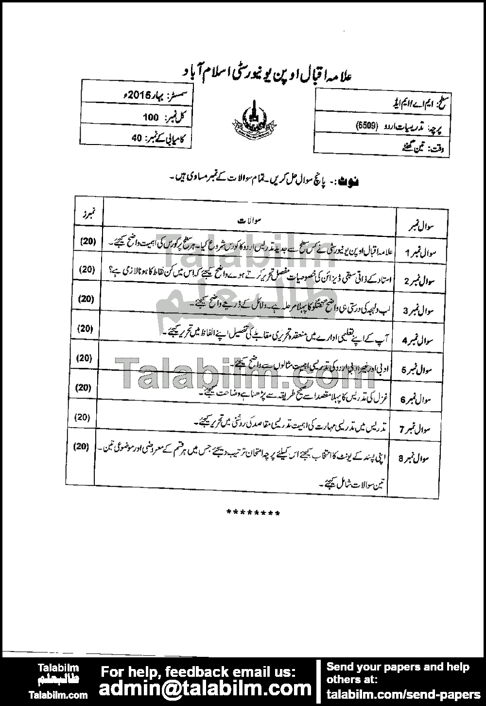 Teaching of Urdu 6509 past paper for Spring 2015