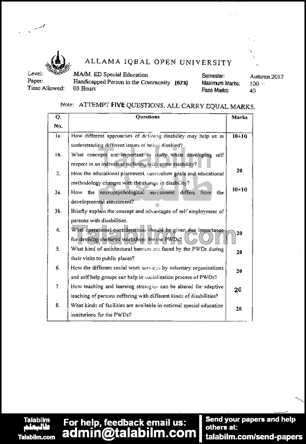 Handicapped Person in the Community 673 past paper for Autumn 2017