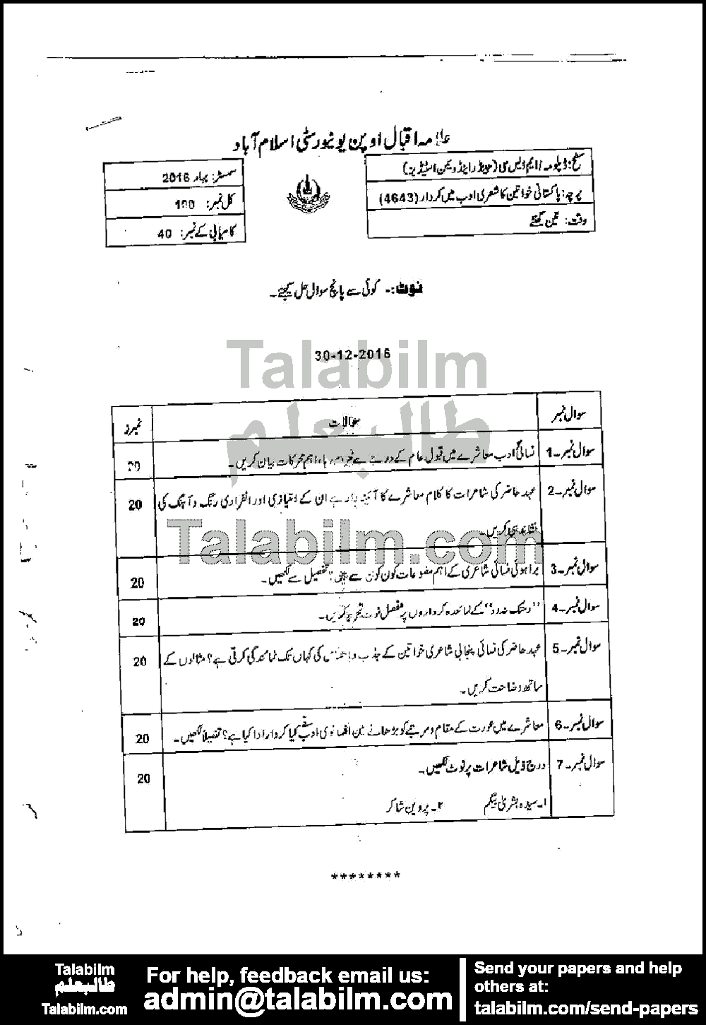 Pakistani Khawateen Ka Sheiri Adab Main Kirdar 4643 past paper for Spring 2016