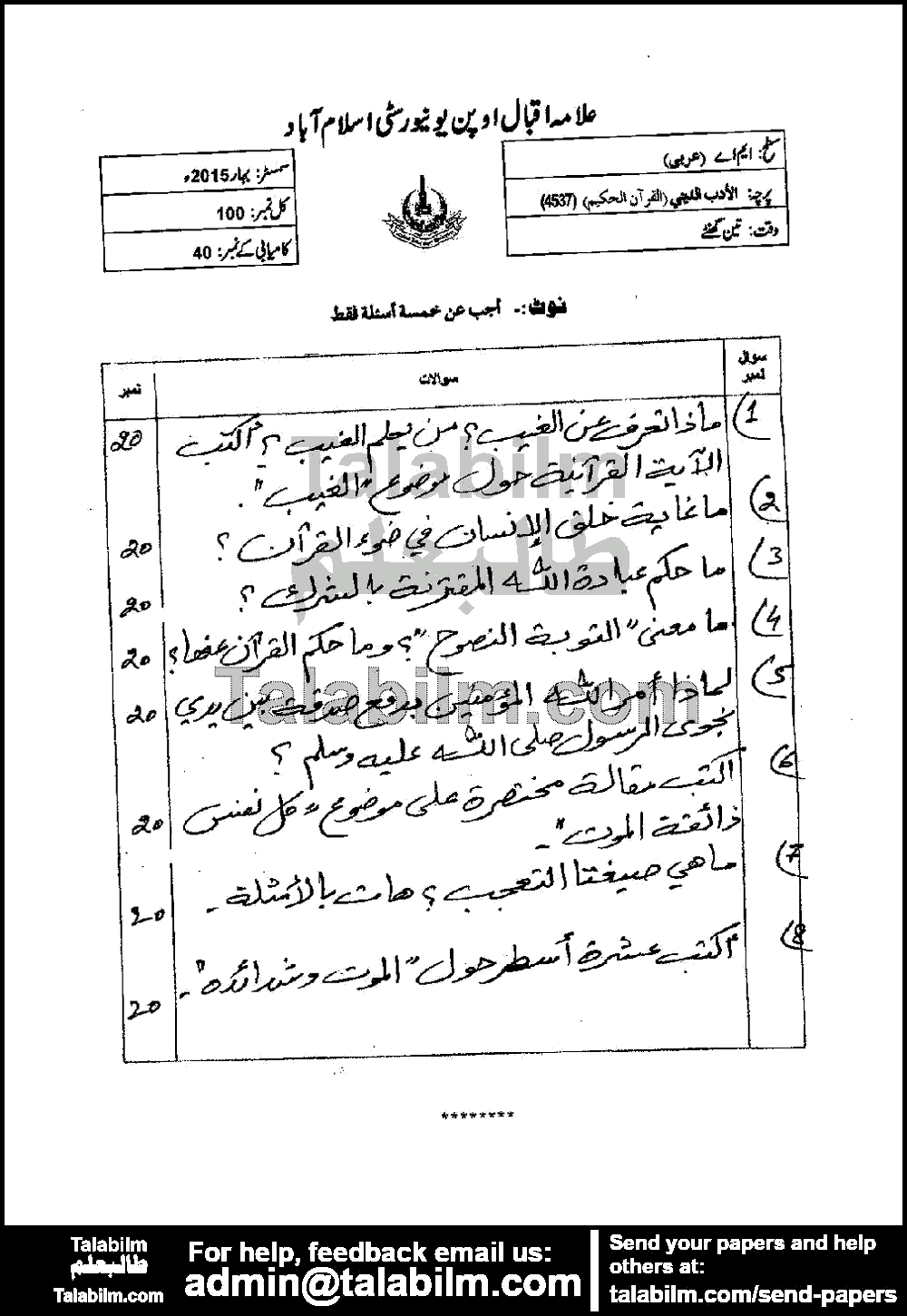 Religious Literature (Quran) 4537 past paper for Spring 2015