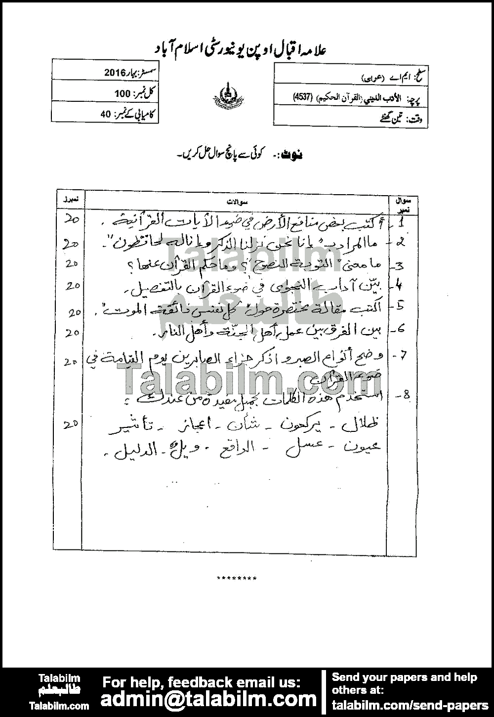Religious Literature (Quran) 4537 past paper for Spring 2016
