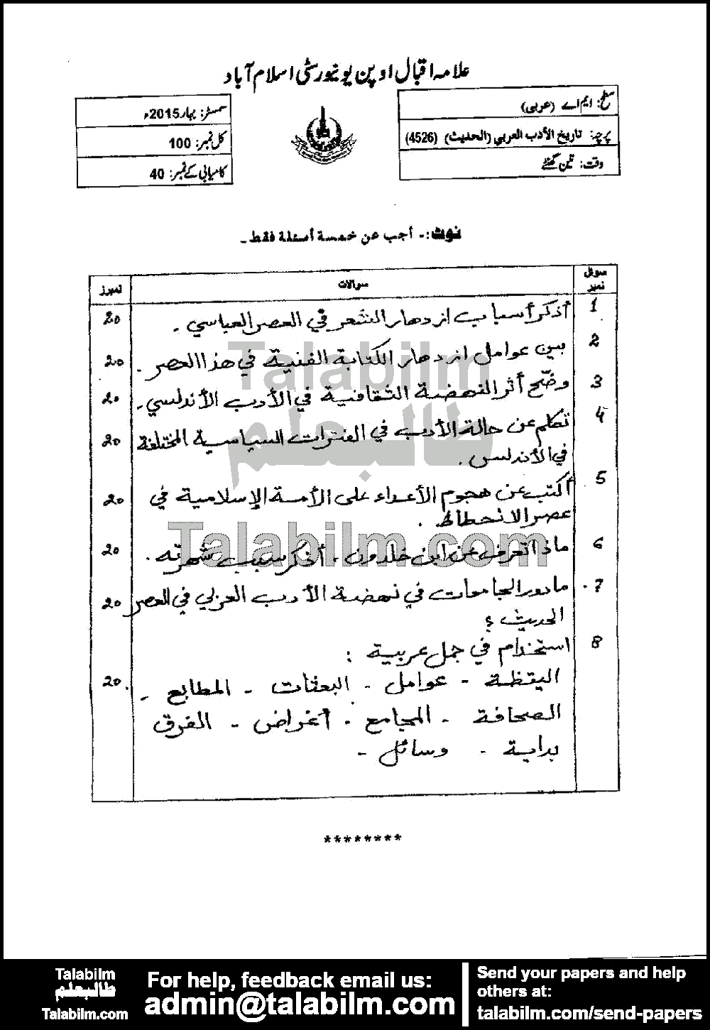 History of Arabic Literature (Modern) 4526 past paper for Spring 2015