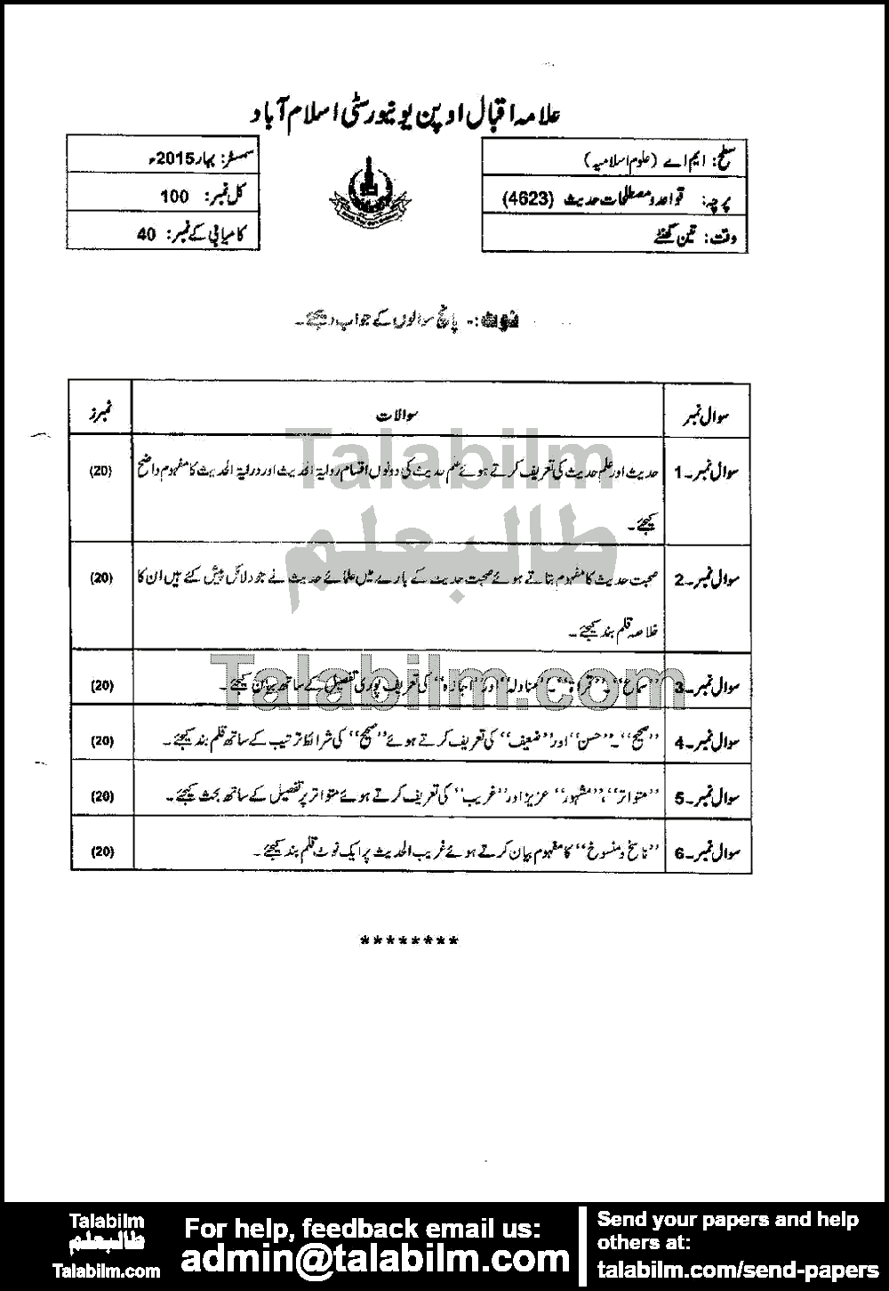 Al-Qawaid Fil Hadith-I 4623 past paper for Spring 2015