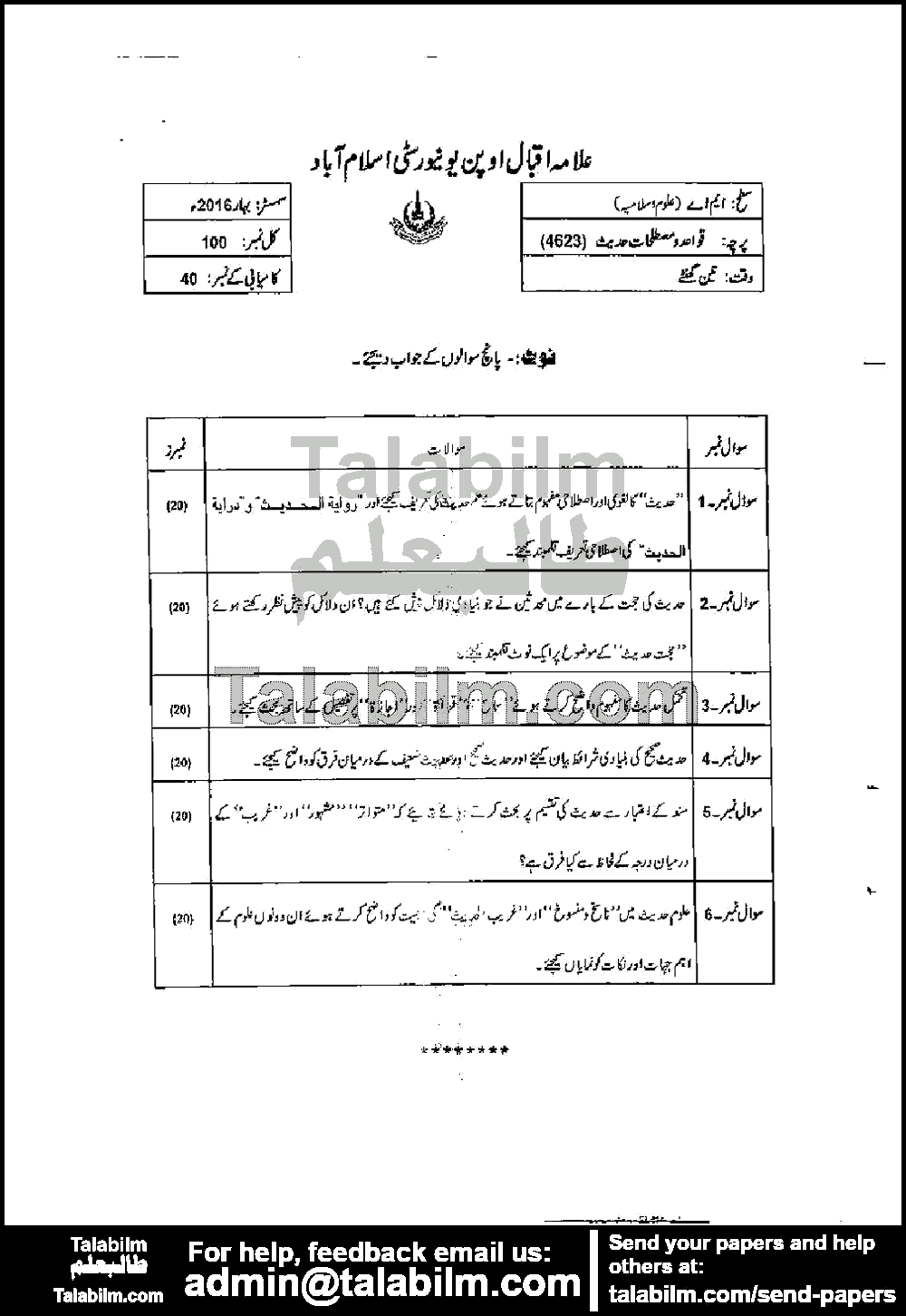 Al-Qawaid Fil Hadith-I 4623 past paper for Spring 2016