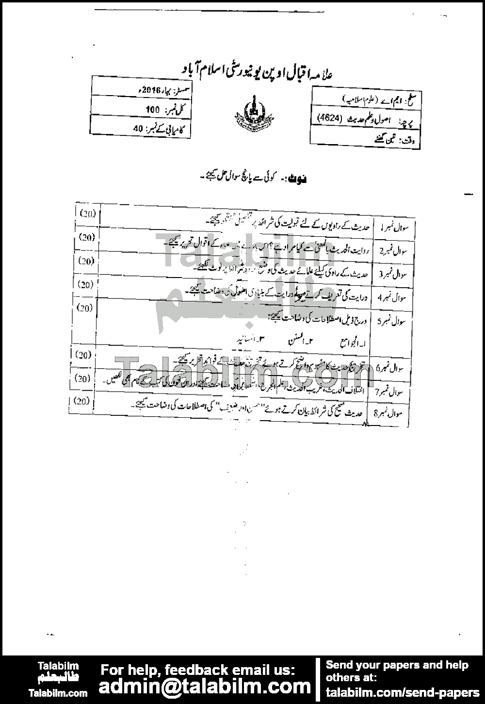 Al-Qawaid Fil Hadith-II 4624 past paper for Spring 2016