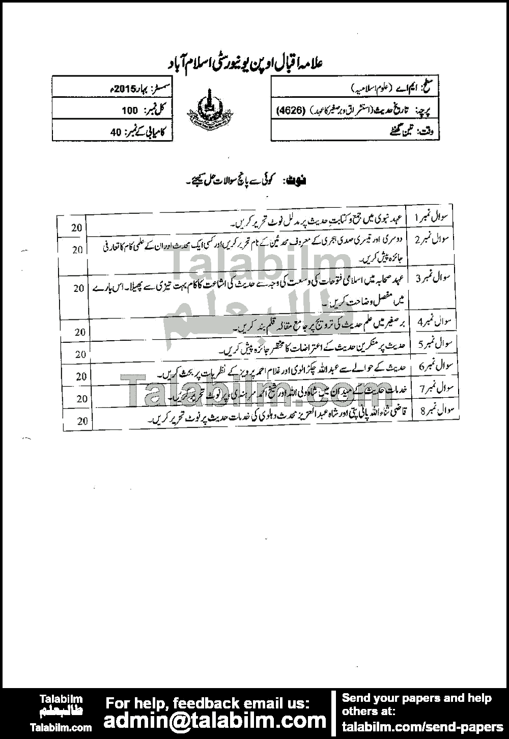 History of Hadith Literature-II 4626 past paper for Spring 2015