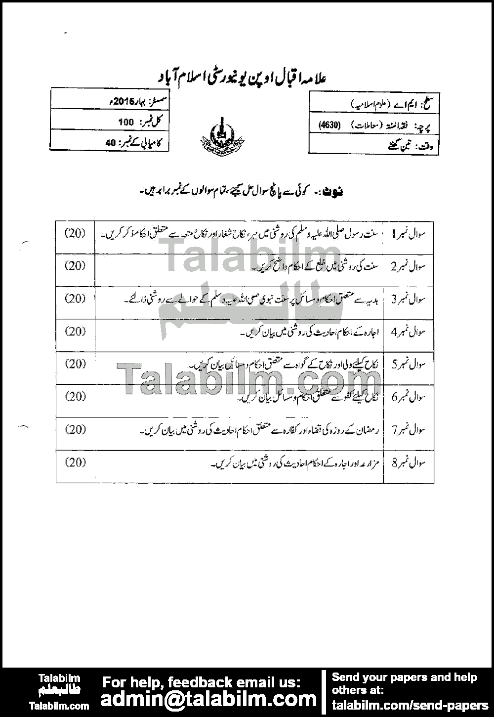 Fiqa-ul-Sunnah (Muamilat) 4630 past paper for Spring 2015