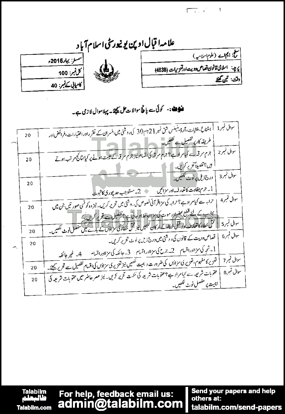 Islamic Law of Qasas, Diyat & Tazirat 4638 past paper for Spring 2015