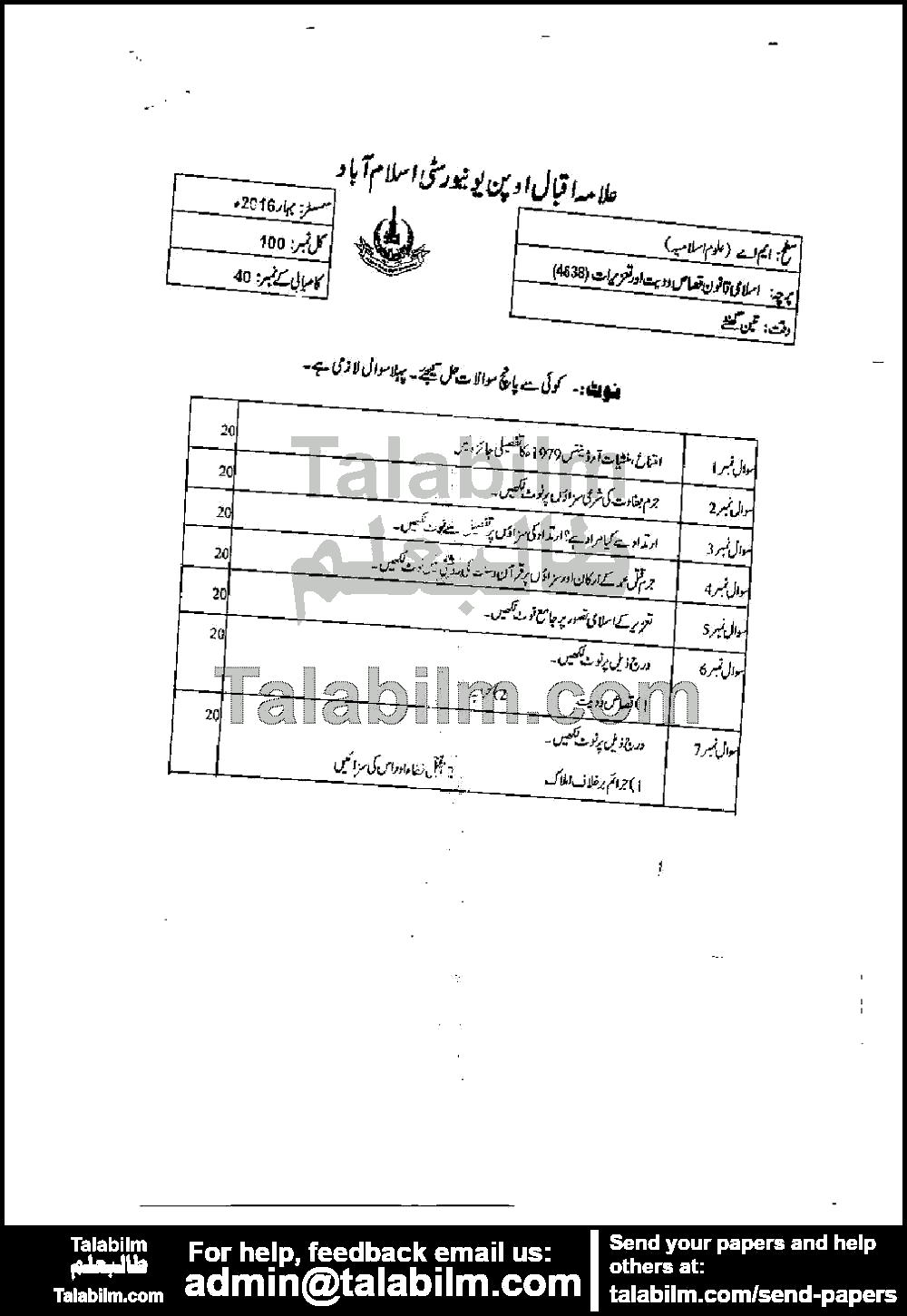 Islamic Law of Qasas, Diyat & Tazirat 4638 past paper for Spring 2016