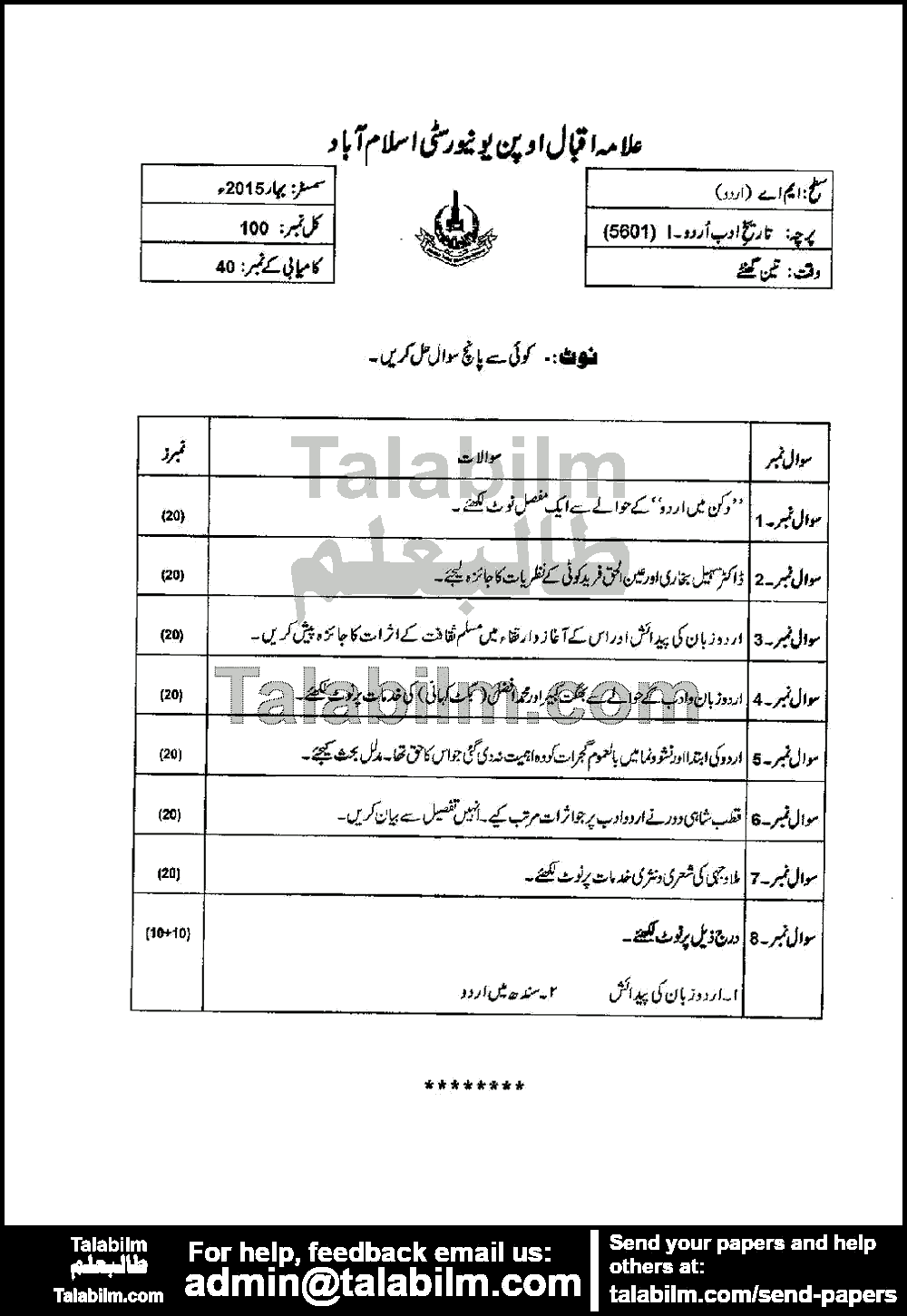 History of Urdu Adab-I 5601 past paper for Spring 2015