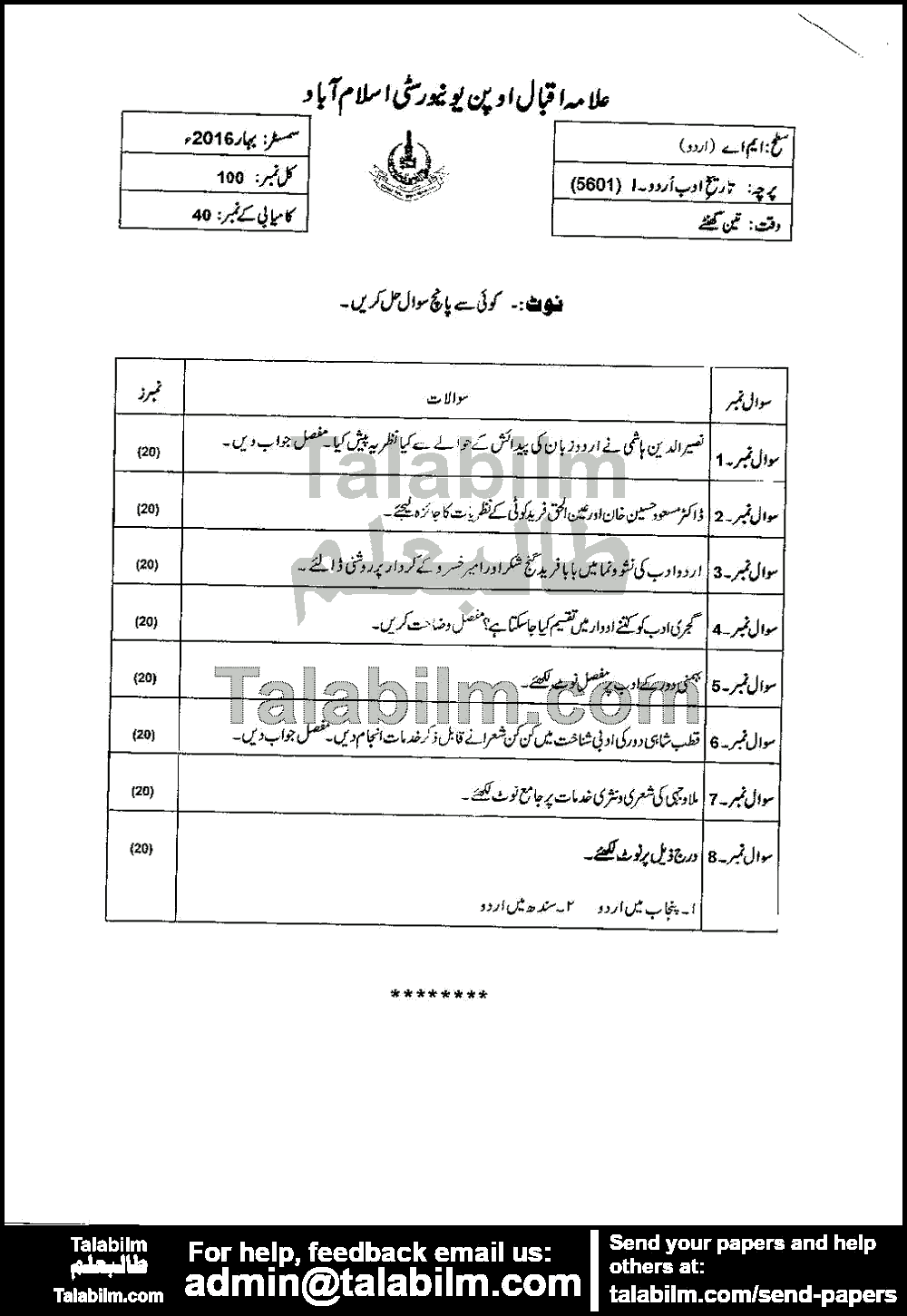 History of Urdu Adab-I 5601 past paper for Spring 2016