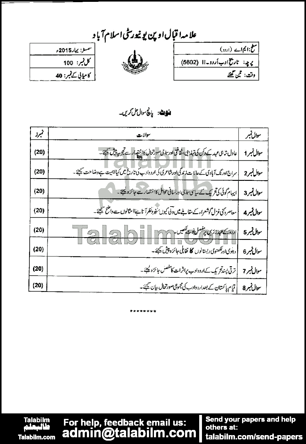 History of Urdu Adab-II 5602 past paper for Spring 2015