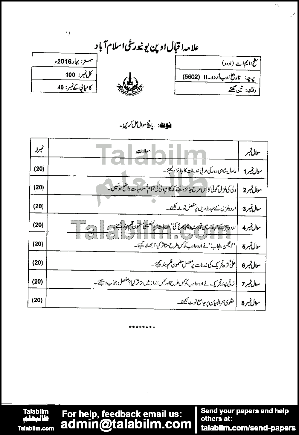 History of Urdu Adab-II 5602 past paper for Spring 2016