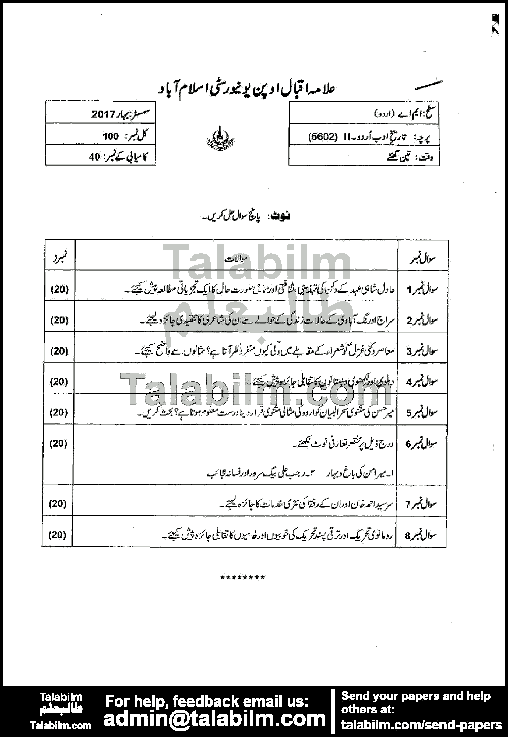 History of Urdu Adab-II 5602 past paper for Spring 2017