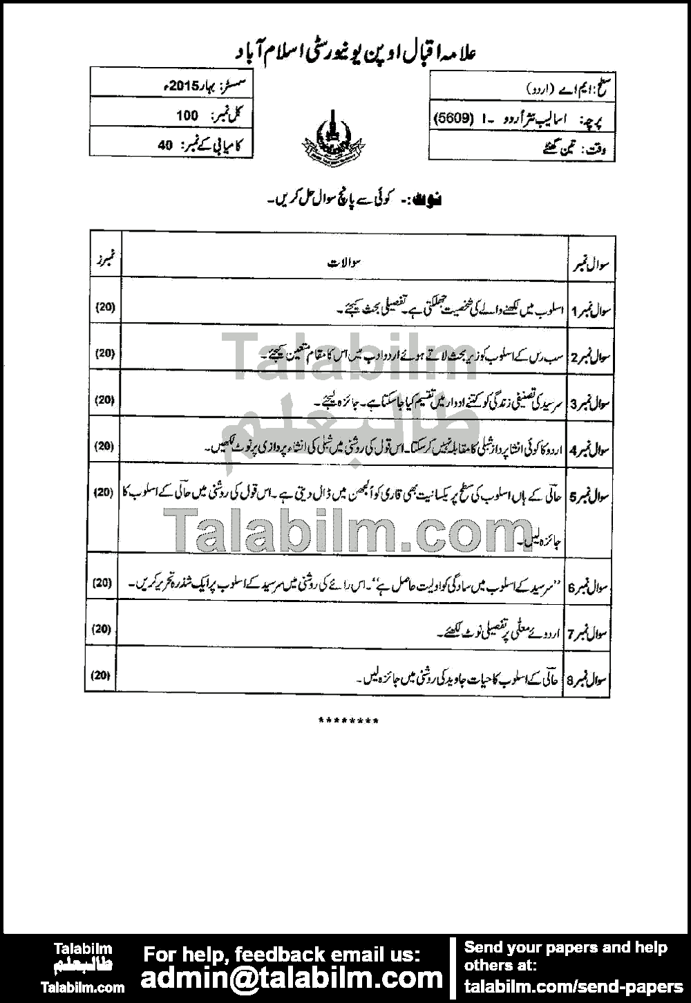 Styles in Urdu Prose-I 5609 past paper for Spring 2015