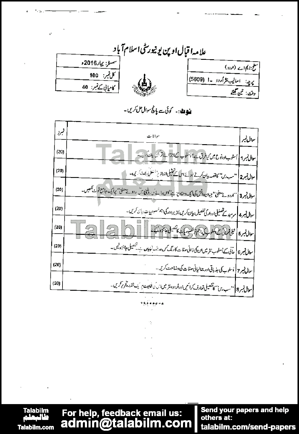 Styles in Urdu Prose-I 5609 past paper for Spring 2016