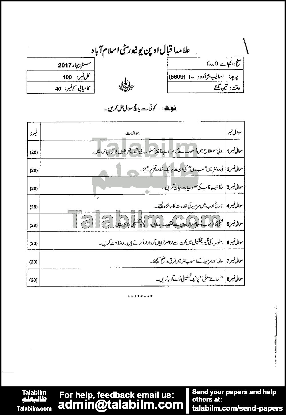 Styles in Urdu Prose-I 5609 past paper for Spring 2017