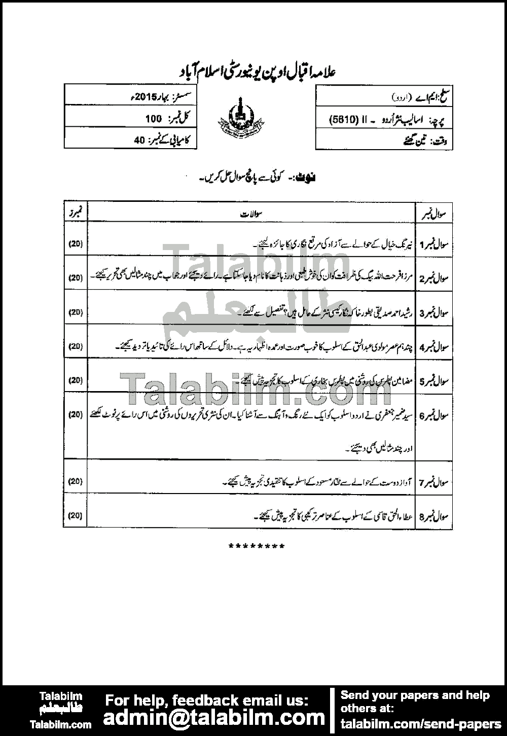Styles in Urdu Prose-II 5610 past paper for Spring 2015