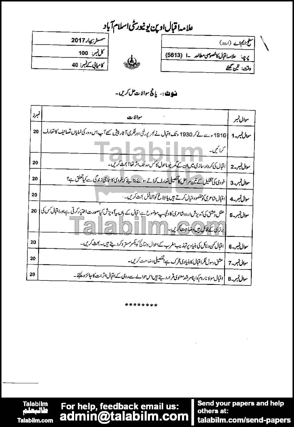 Specific Study of Allama Iqbal-I 5613 past paper for Spring 2017