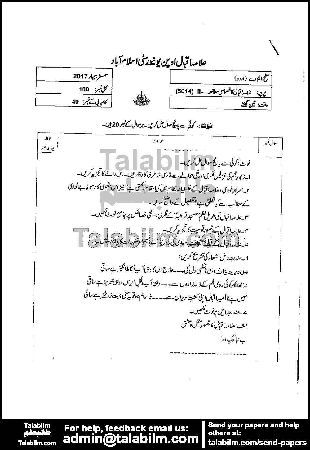 Specific Study of Allama Iqbal-II 5614 past paper for Spring 2017