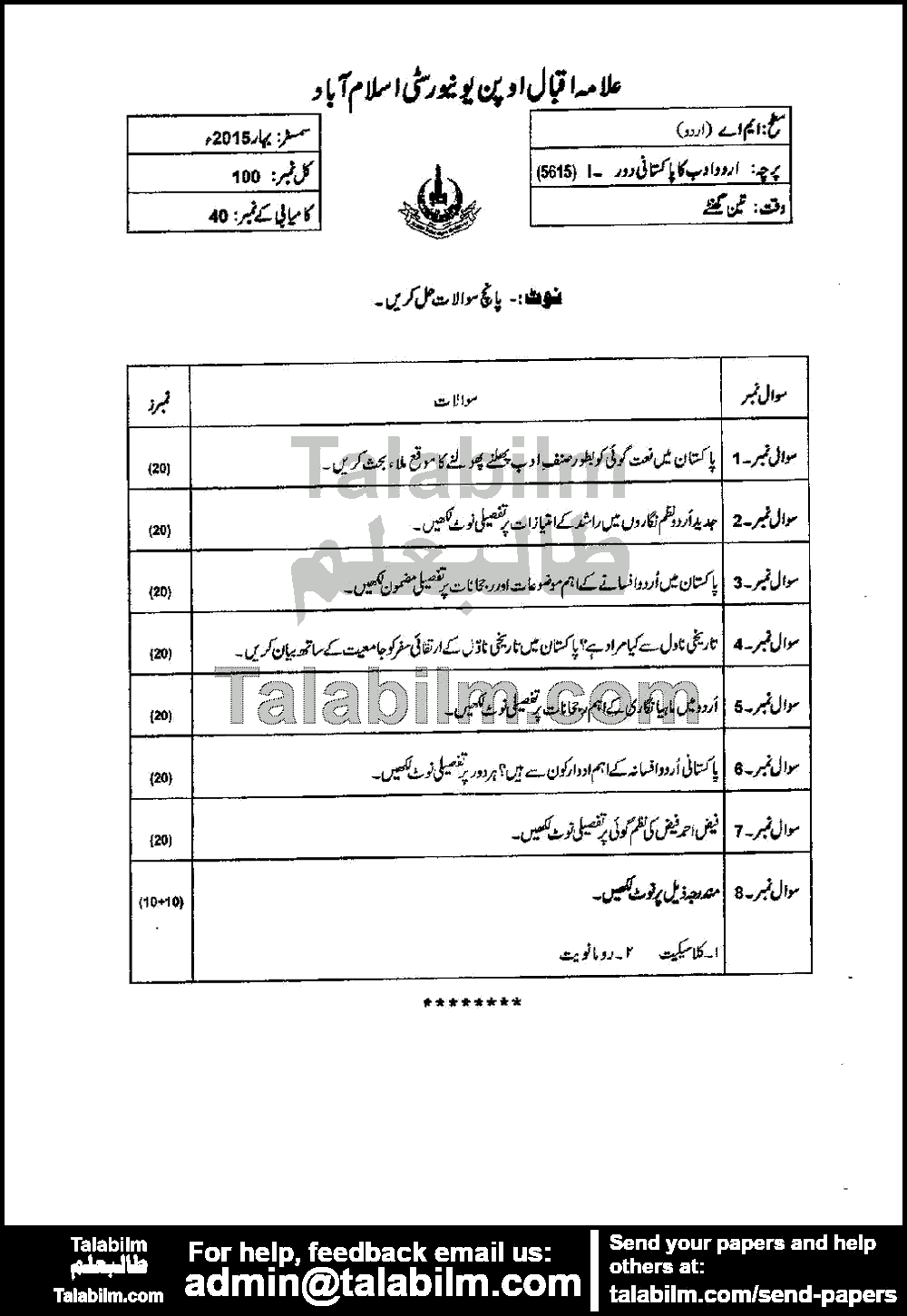 Urdu Literature in Pakistani Period-I 5615 past paper for Spring 2015