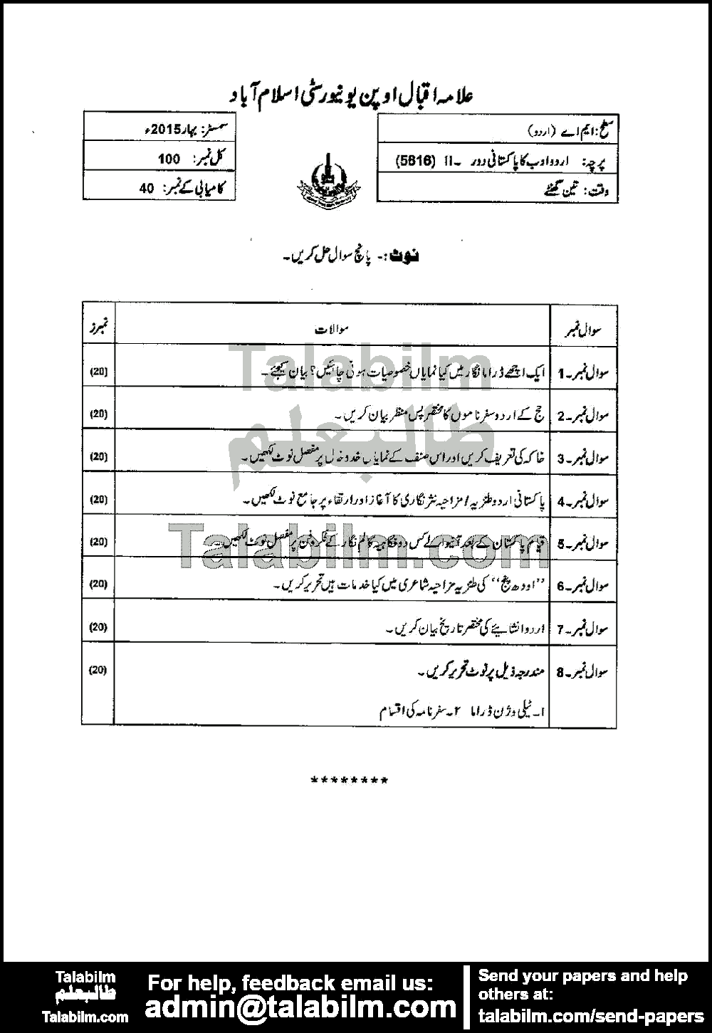 Urdu Literature in Pakistani Period-II 5616 past paper for Spring 2015
