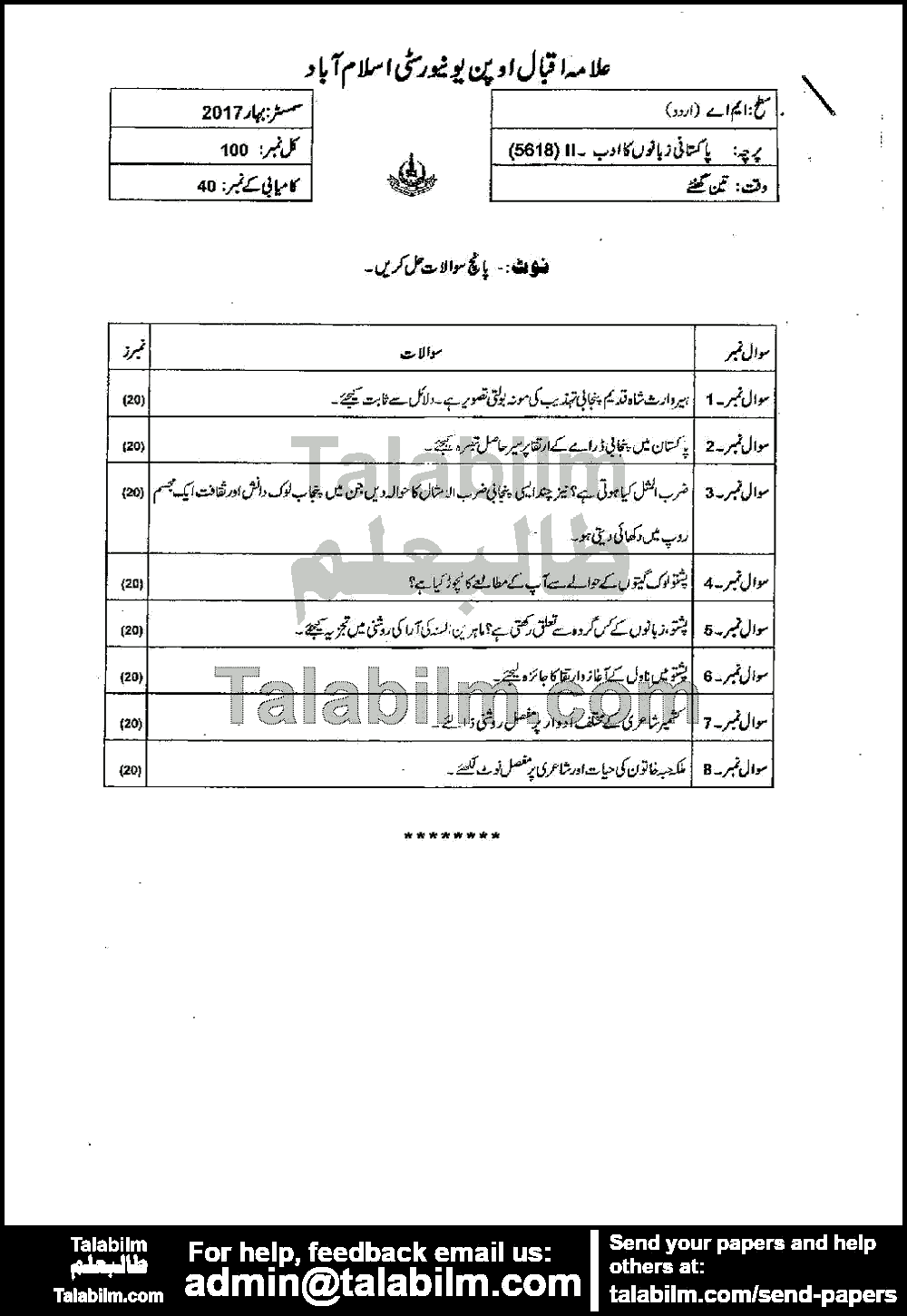 Literature of Pakistani Languages-II 5618 past paper for Spring 2017