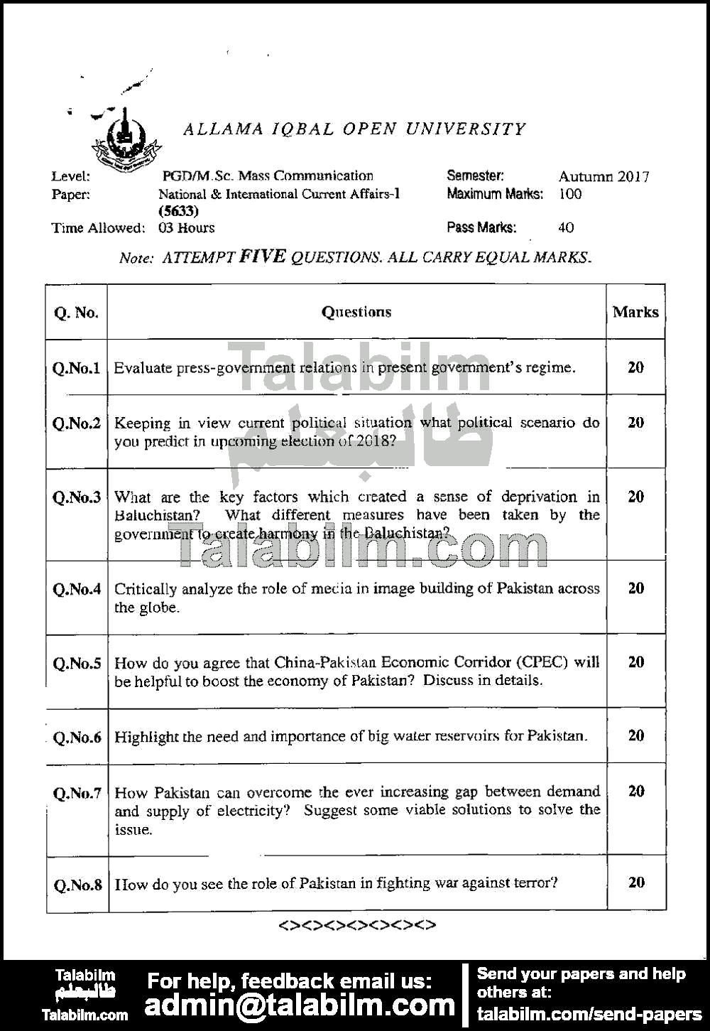 National & international Current Affairs-I 5633 past paper for Autumn 2017