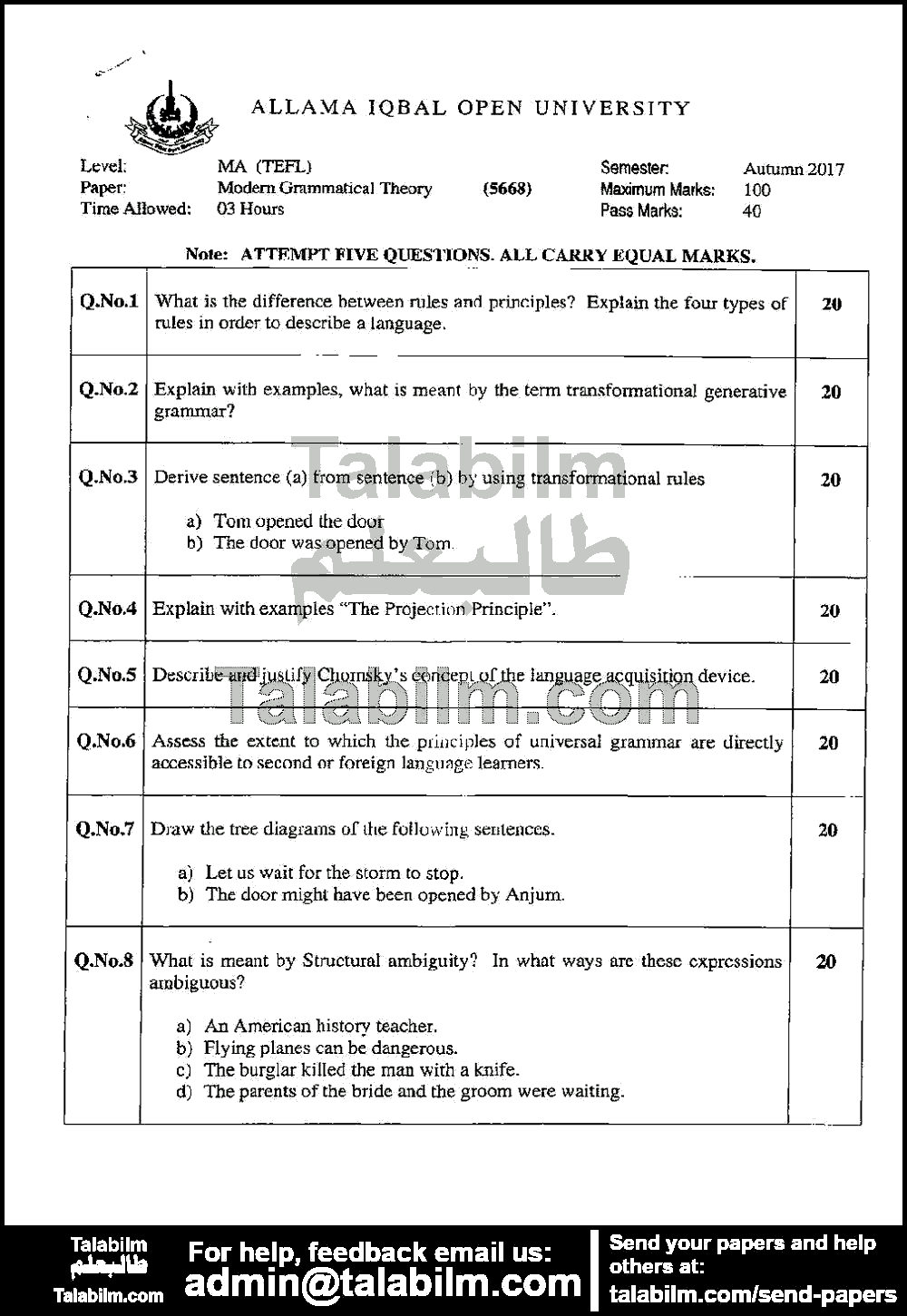 Modern Grammatical theory 5668 past paper for Autumn 2017